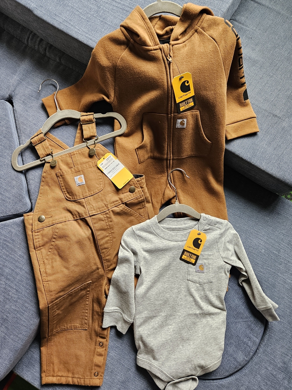 Carhartt 12 Month Boys Hooded Sweatshirt Onesie, Bib Overall & Gray Bodysuit Set